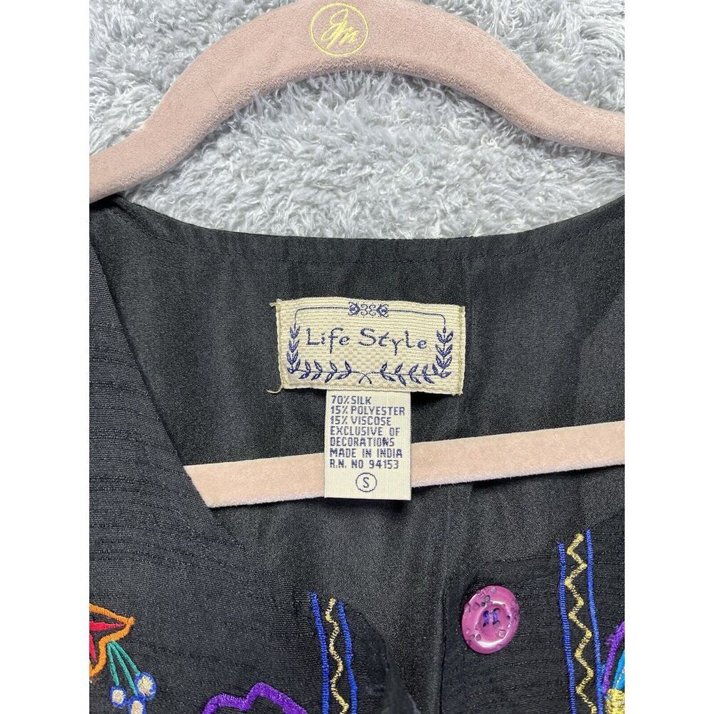 Vintage Silk Blend Black Lined Blazer Jacket Embroidered‎ Floral Art To Wear S - Picture 4 of 7